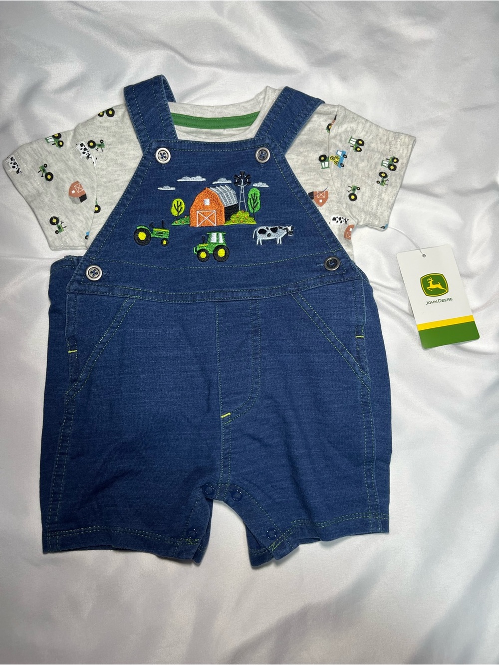 John Deere Baby Boy Denim Bib Overall Shorts Shirt Set Cow Farm 3/6M NWT